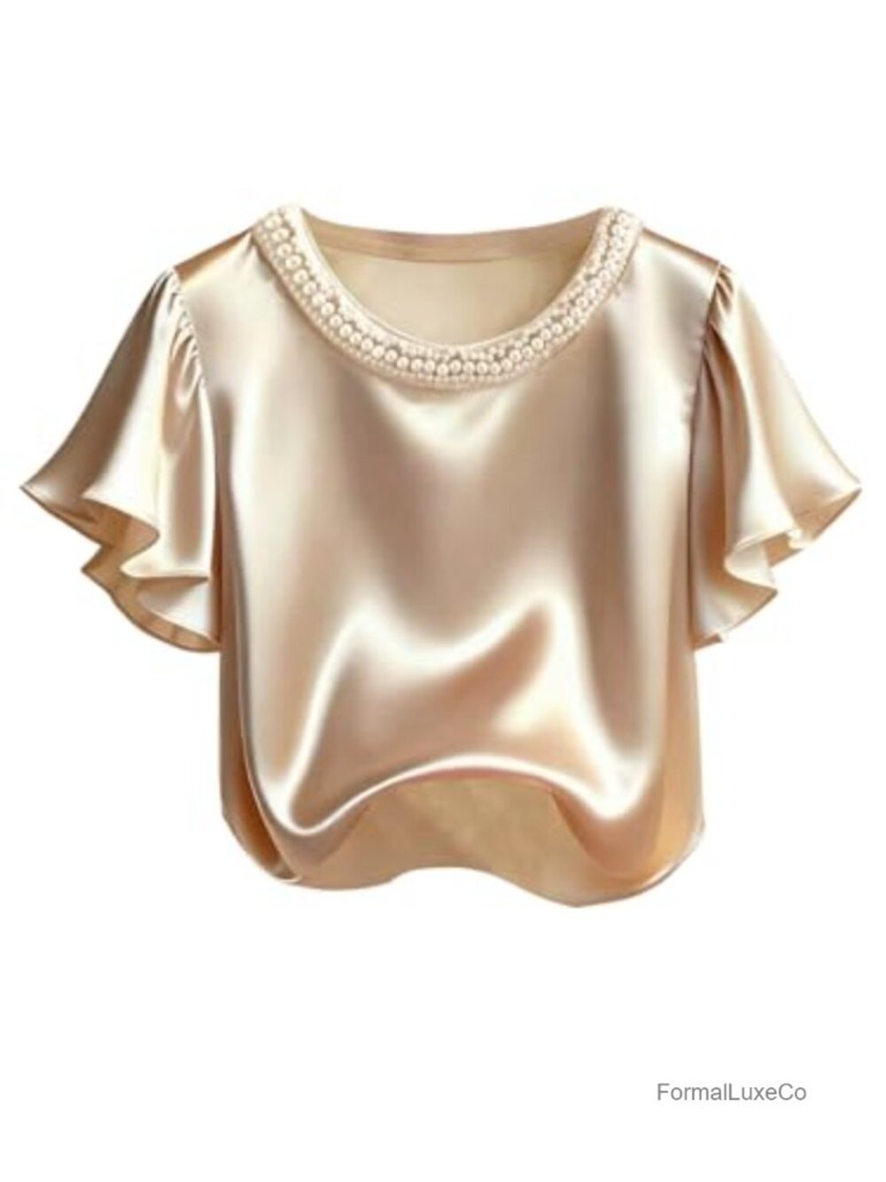 Satin Ruffle Short Sleeve Pearl Beaded Blouse Dressy Casual Top